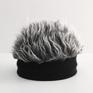 Faux Fur Beanie Hat - Black and Grey